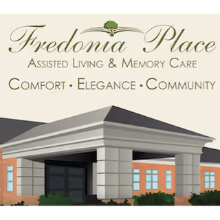 Illustrated exterior of Fredonia Place entrance with a sign reading Assisted Living and Memory Care.
