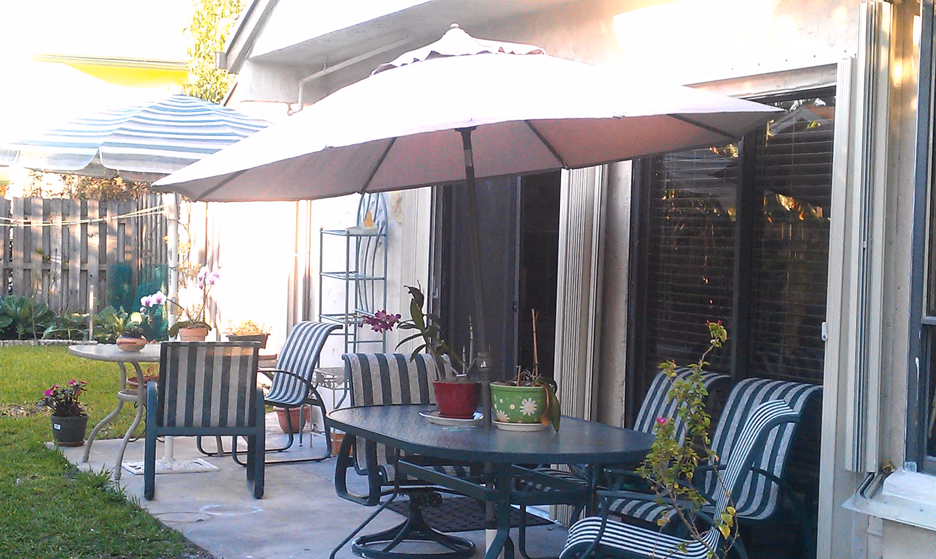 Outdoor patio area with a large white umbrella shading a glass-top table surrounded by striped cushioned chairs. Several potted plants are placed on the table and around the patio. A wooden fence and garden with greenery are visible in the background.