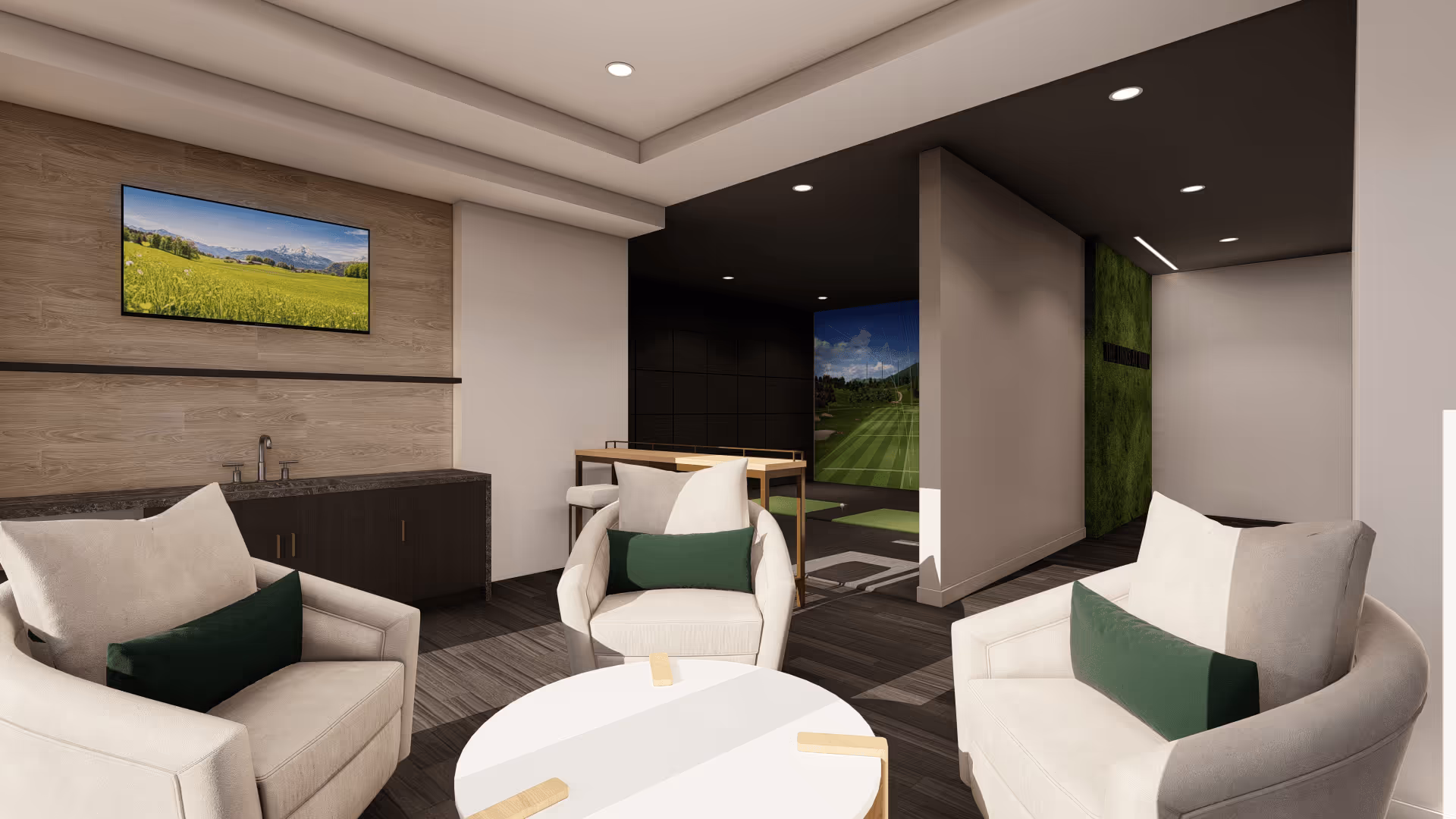 A modern lounge area with three beige armchairs featuring green cushions arranged around a white circular table. Behind the chairs is a dark wood cabinet with a sink and a wall-mounted TV displaying a scenic landscape. In the background, there is a small table with two chairs and a golf simulator setup with a green turf and a screen showing a golf course.