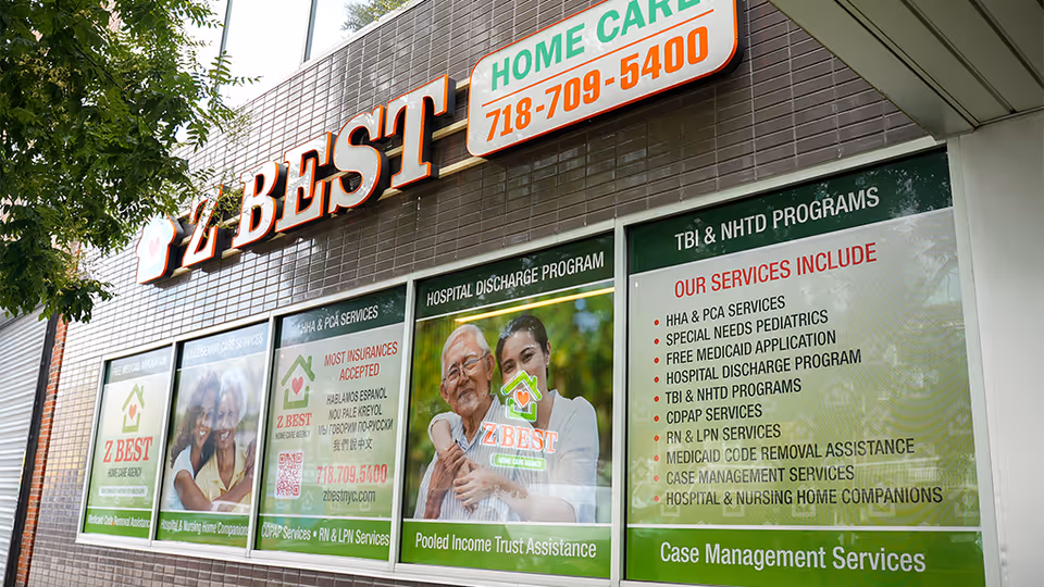 Front exterior of Z Best Home Care, Inc., with large sign and service windows.