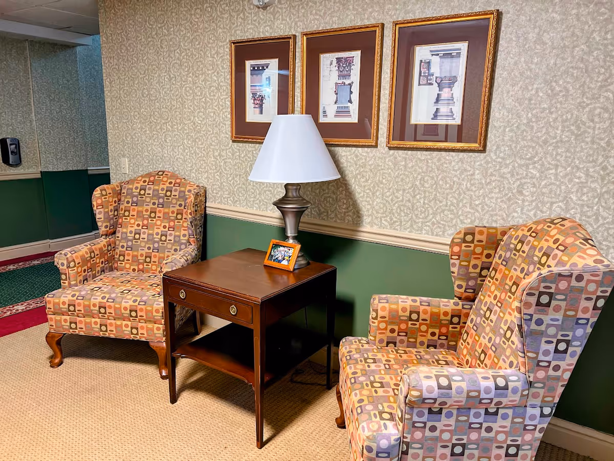Two patterned armchairs flank a wooden side table with lamp in a cozy lounge.