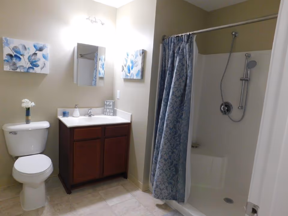 Bathroom with toilet, sink vanity, mirror, wall art, and a blue patterned shower curtain.