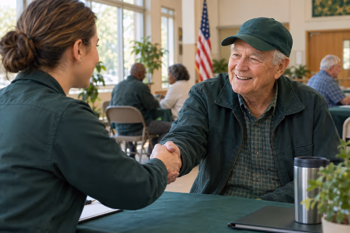 An older veteran smiles and shakes hands with a volunteer across a table