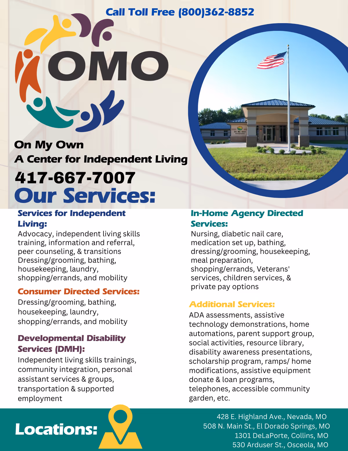 Flyer for On My Own, Inc. featuring logo and exterior building photo