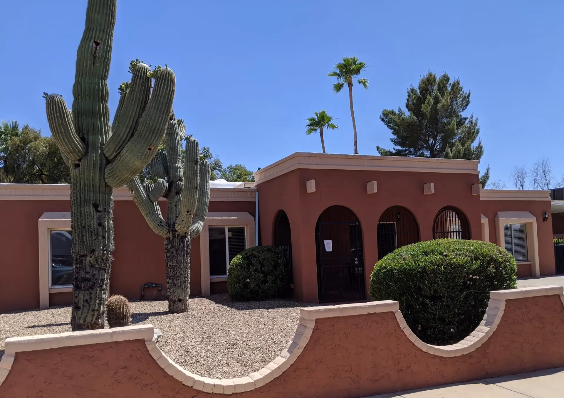 Front exterior of a single-story stucco building with arched entry, gravel landscaping, large saguaro cacti and trimmed shrubs.