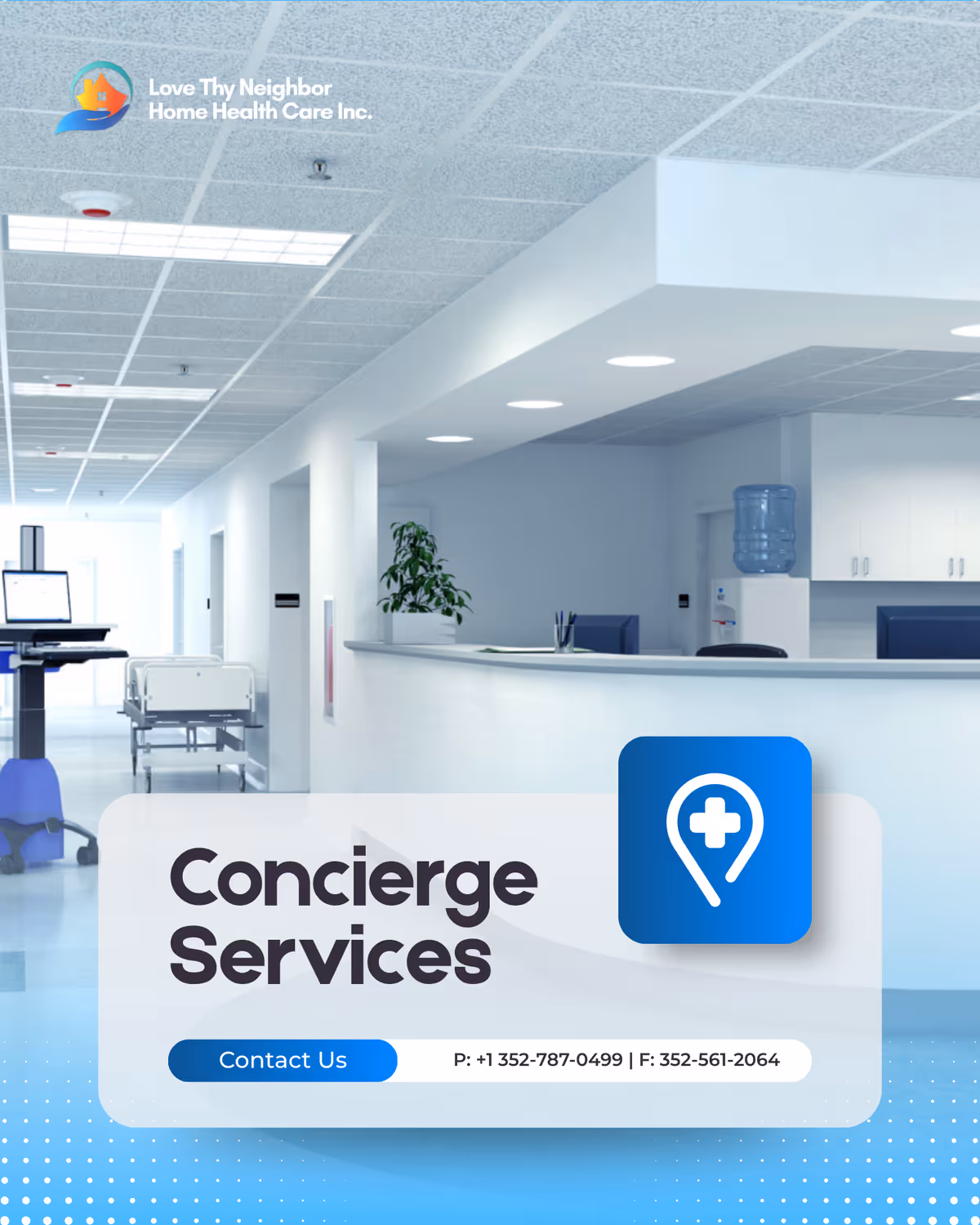 Bright hospital reception area with curved desk, plants, and branding.