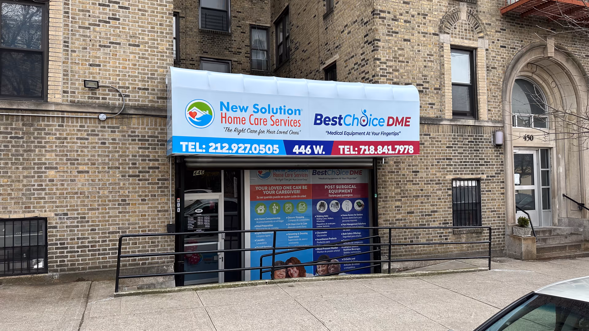 Brick building storefront with a large sign for New Solution Home Care Services.
