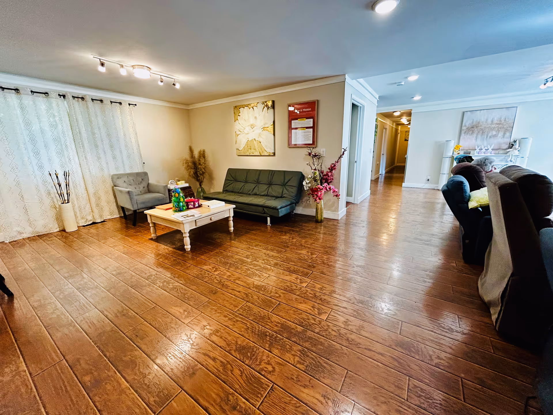 Spacious senior living lounge with sofas, coffee table, curtains, and decorative plants.