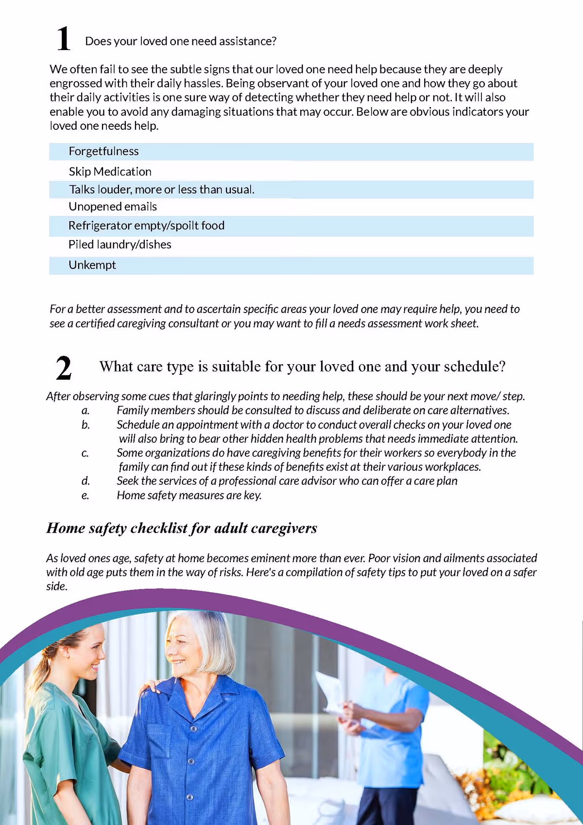 A brochure page with caregiver guidance text and two caregivers pictured at bottom.