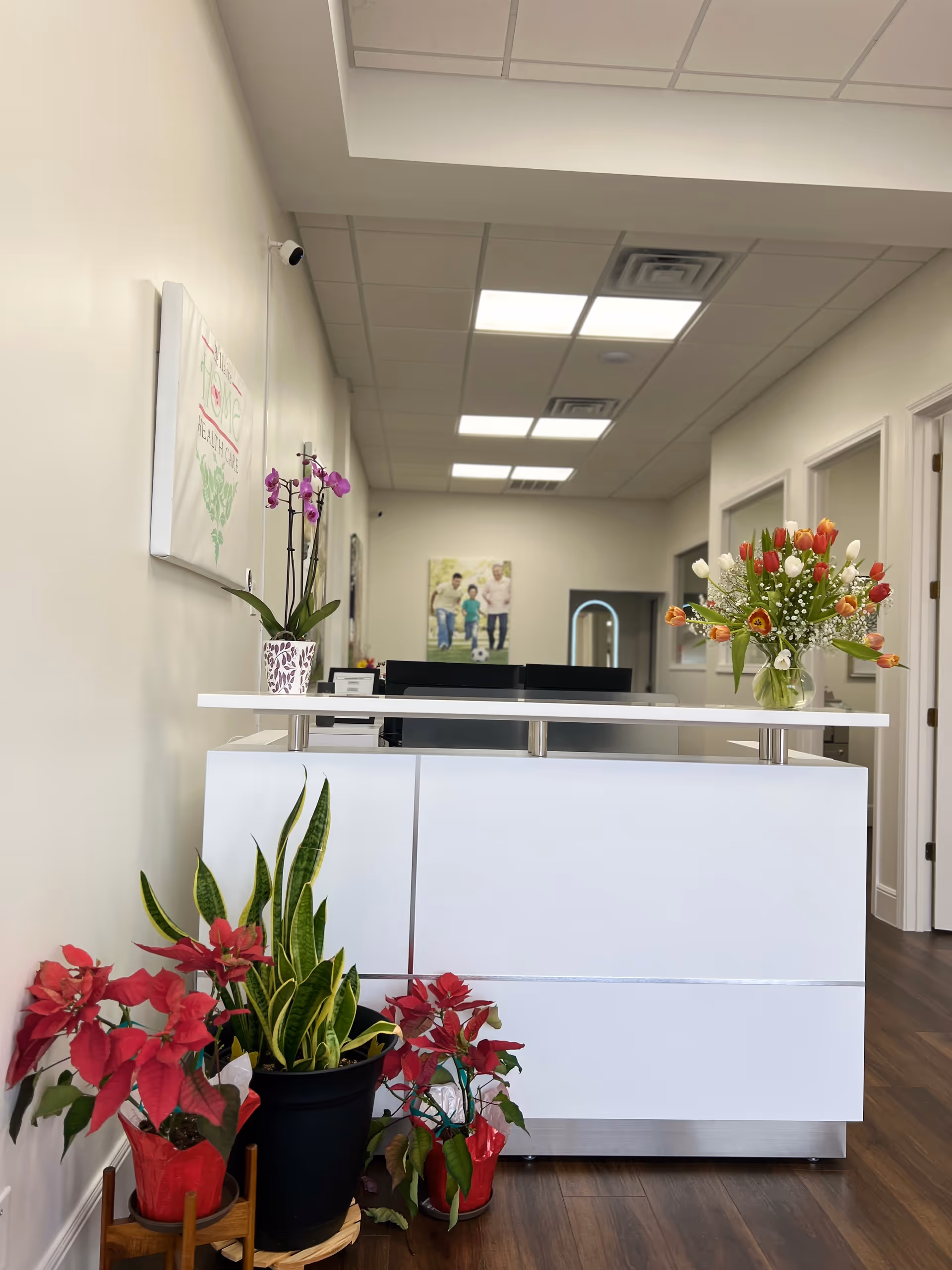White reception desk in a Bellaire Home Health Care hallway with flowers and plants.
