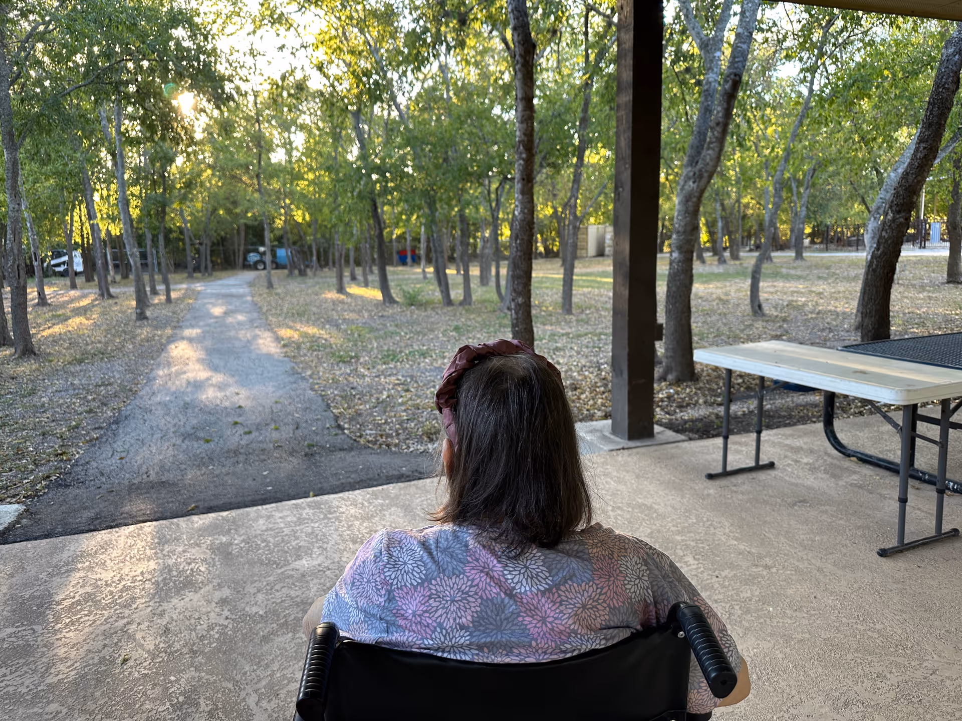 Person in a wheelchair sits facing a tree-lined outdoor path beside a picnic table.