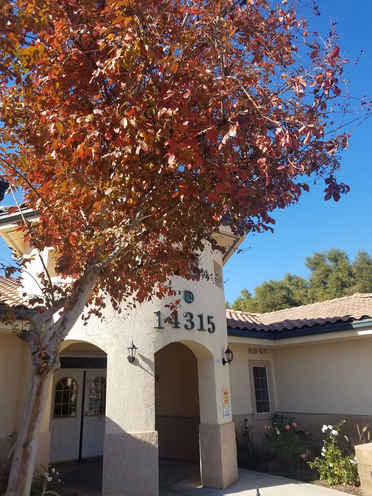 Front entrance of a light-colored building showing the address '14315' beneath a tree with red leaves.
