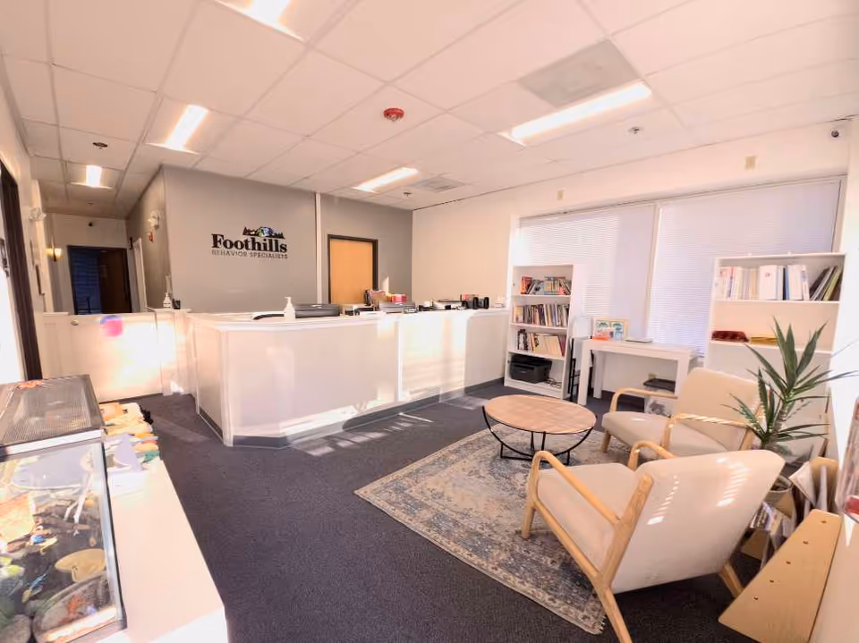 Reception area with white curved desk, seating, shelves, and Foothills sign.