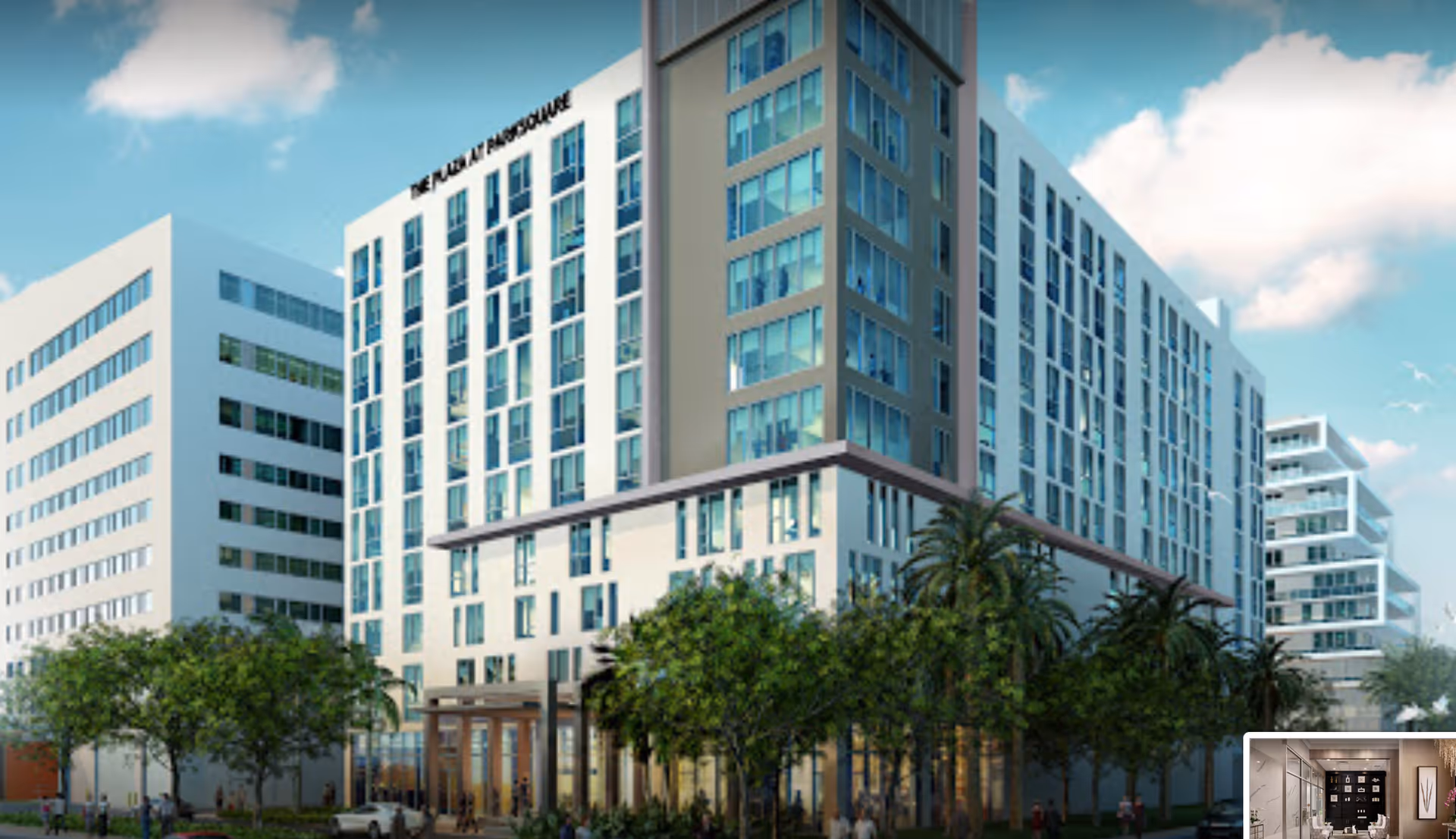 Exterior view of a modern multi-story senior living building labeled 'The Plaza at Park Square' with palm trees and landscaping in front.