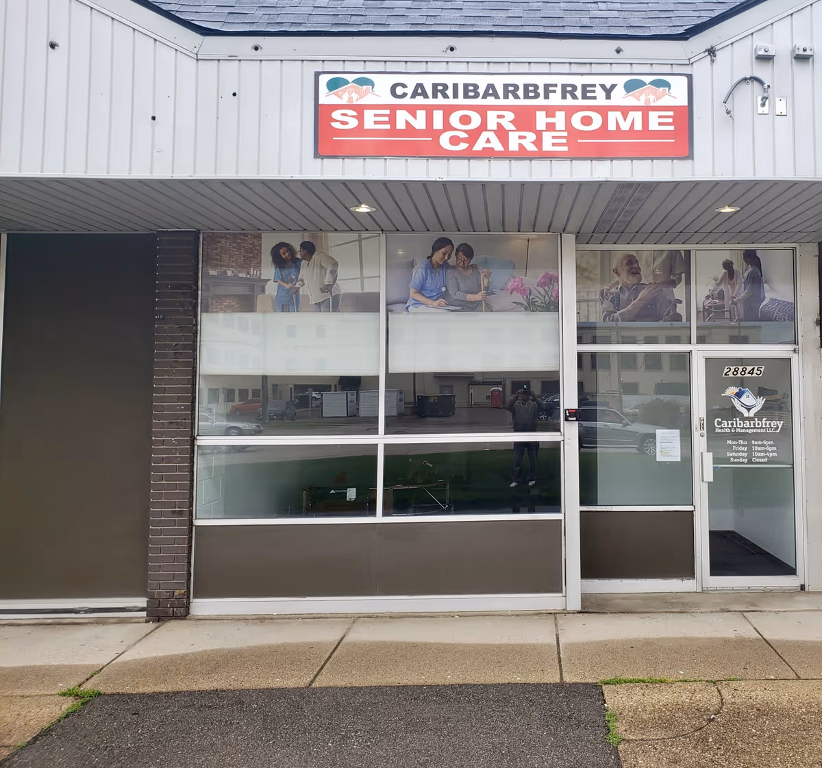 Exterior storefront for Caribarbfrey Senior Home Care with large glass windows.