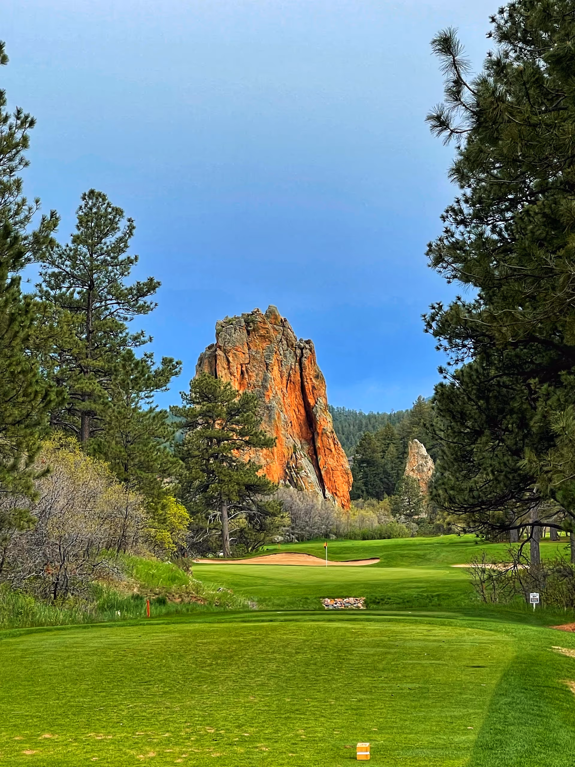 Scenic golf course with green fairways, pine trees, and a rocky cliff.