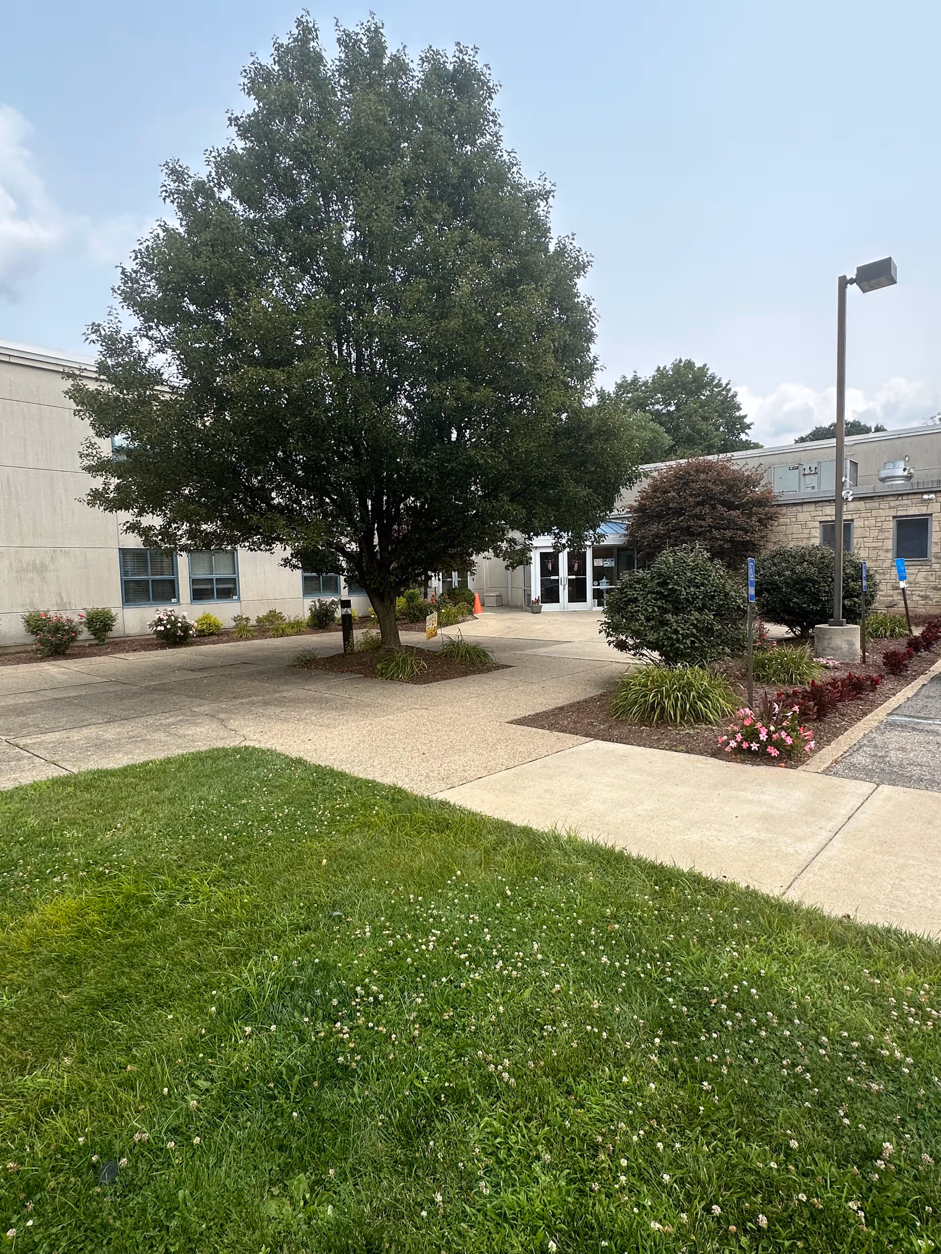 Exterior view of Halcyon of Bridgeville showing the entrance, sidewalk, trees, and landscaping.