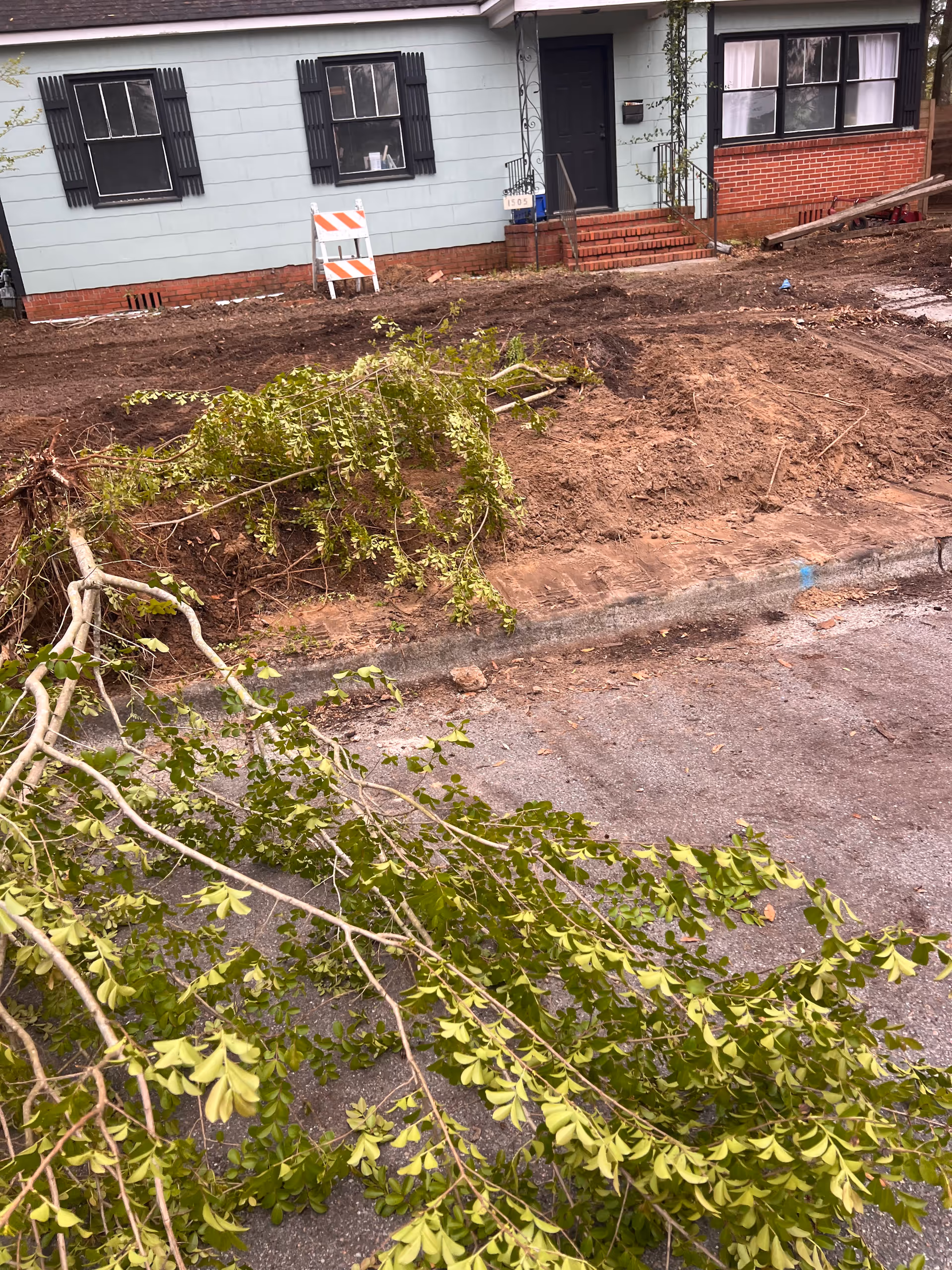 Front of a house with dirt, a fallen tree branch, and construction signs.