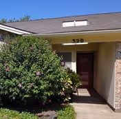 Front entrance of a building with a bush and the number 320 on the wall.