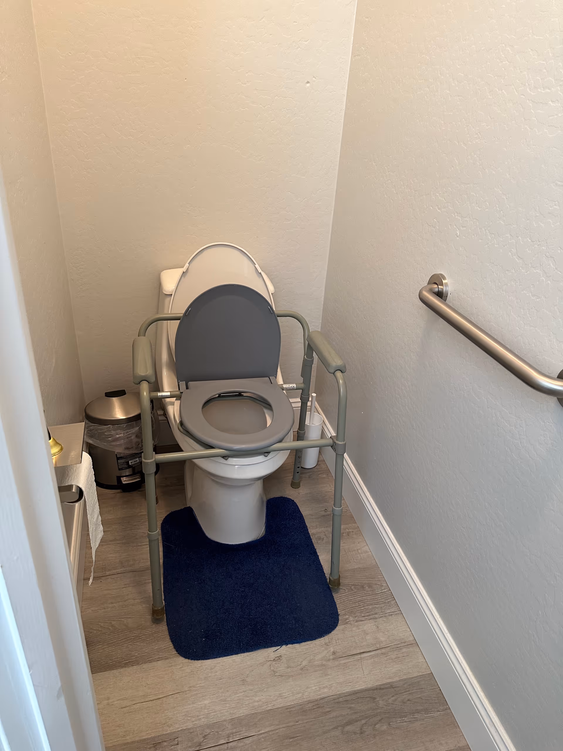 Accessible bathroom featuring a toilet with safety rails and a blue mat.