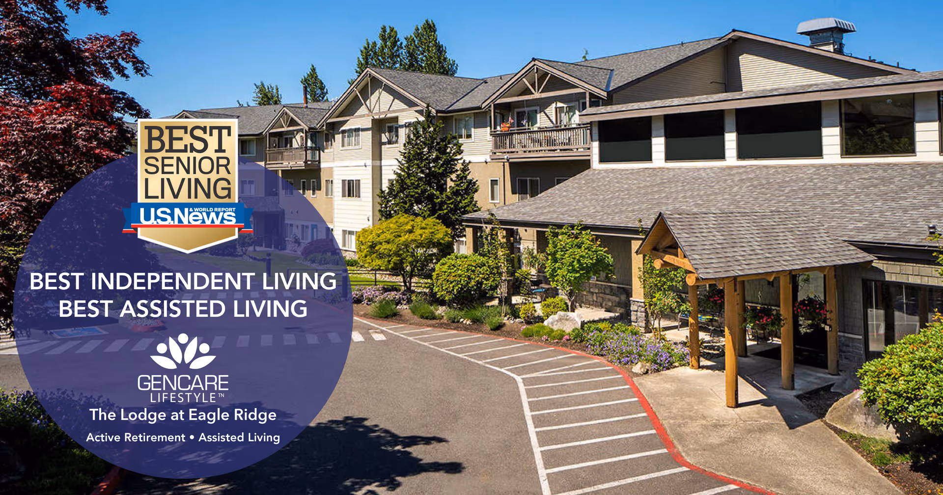 Exterior view of The Lodge at Eagle Ridge senior living campus with a large sign.
