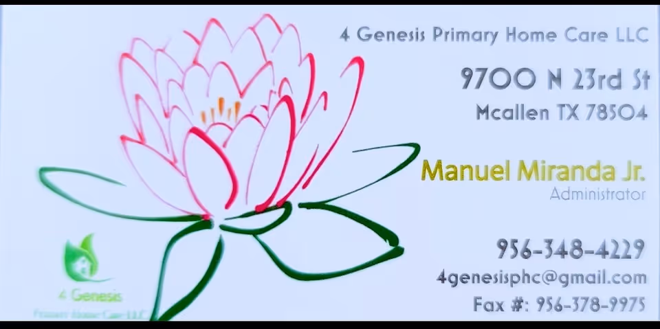 Sign displays '4 Genesis Primary Home Care LLC' with a pink lotus logo and contact information.
