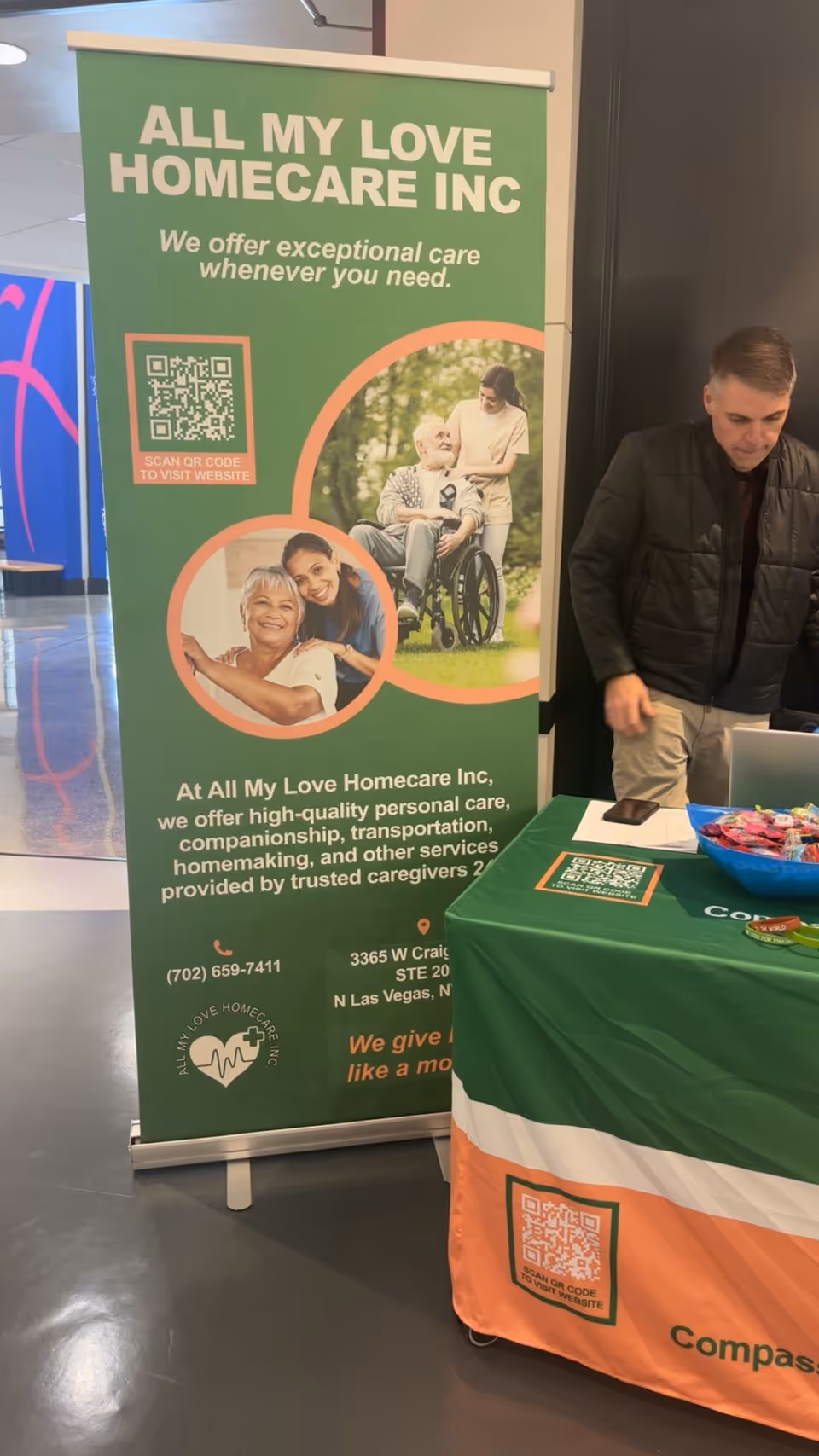 Green All My Love Home Care banner with photos and a man beside a table.