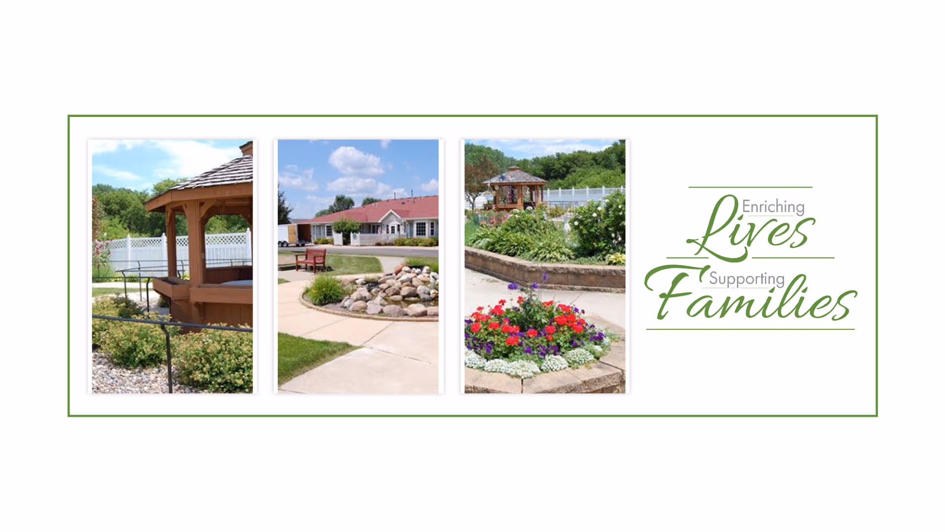 Triptych of outdoor garden scenes with gazebo, patio, and flower beds in a bordered banner.