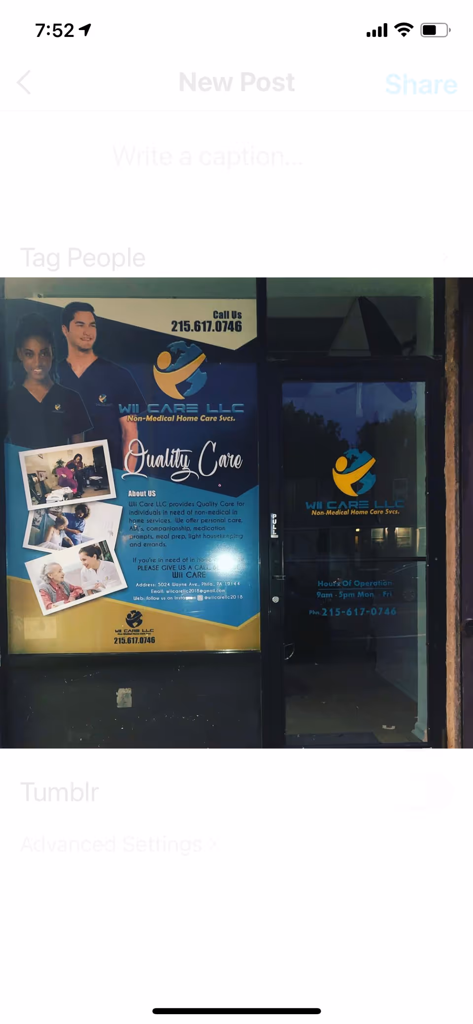 Wii Care LLC storefront with large posters displayed on glass doors.