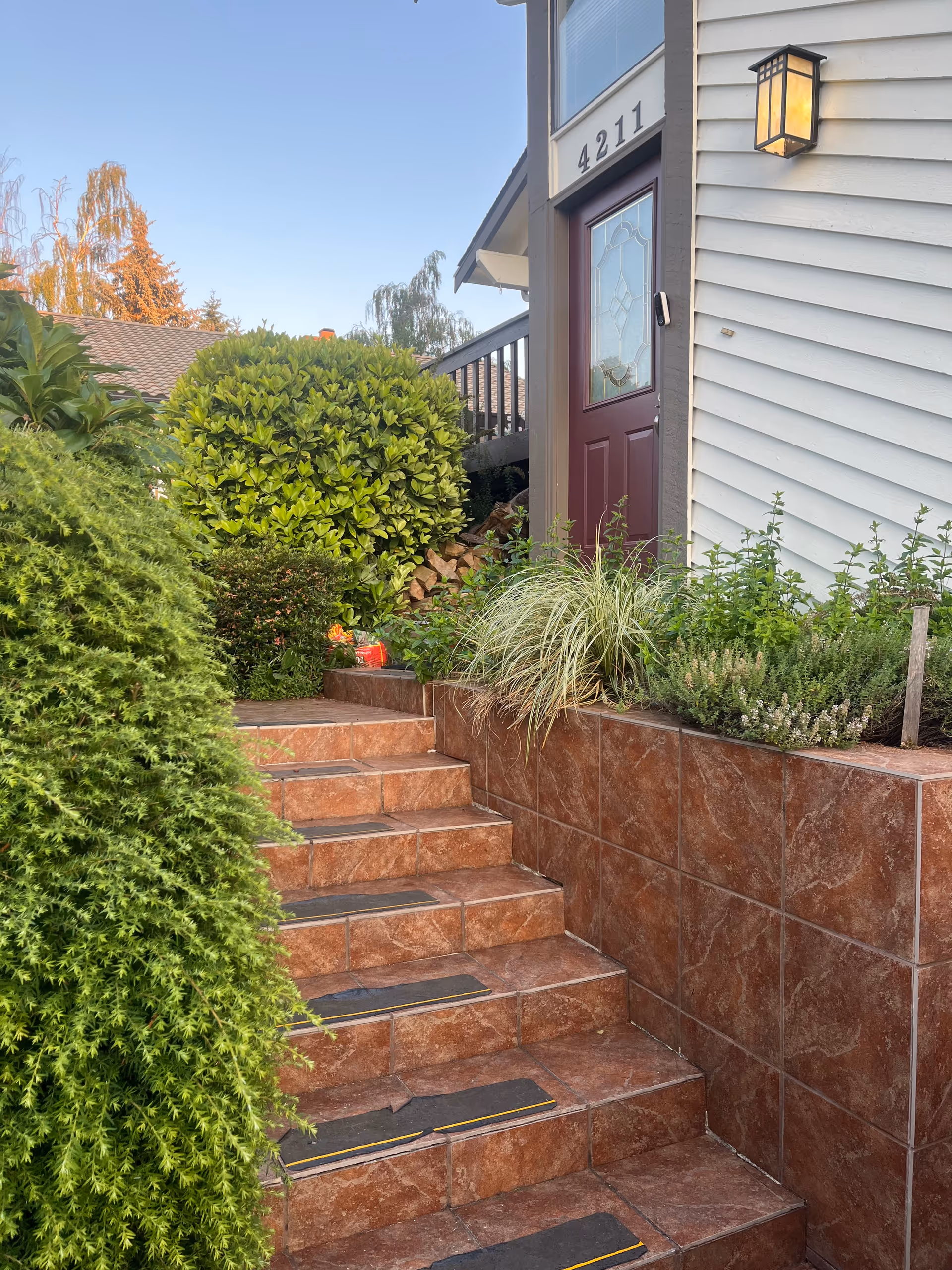Front entrance of a residence with brown tiled steps, greenery, and an exterior light.