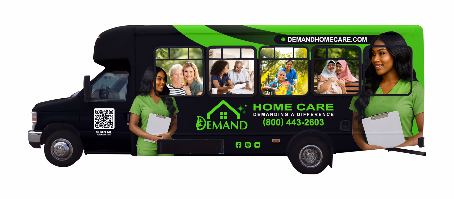 A black and green Demand Home Care bus van with caregivers' photos on its side.