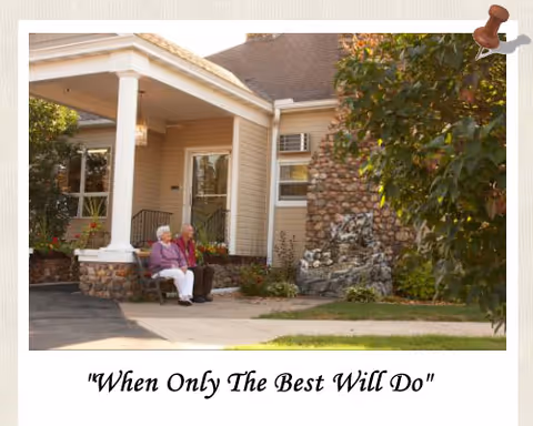 Two elderly residents sit on a bench outside the facility entrance.