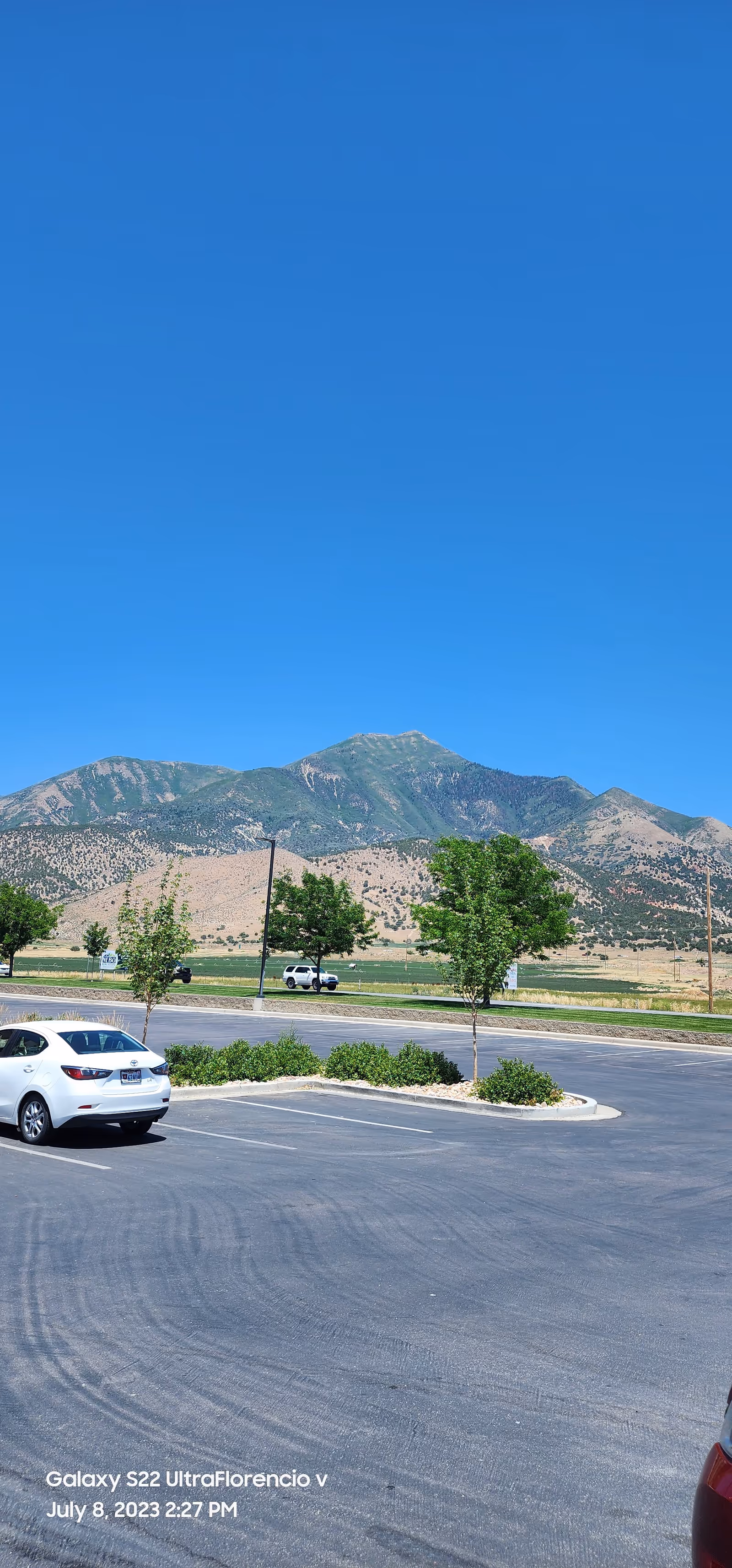 Parking lot with cars, trees, and distant mountains under a clear blue sky.