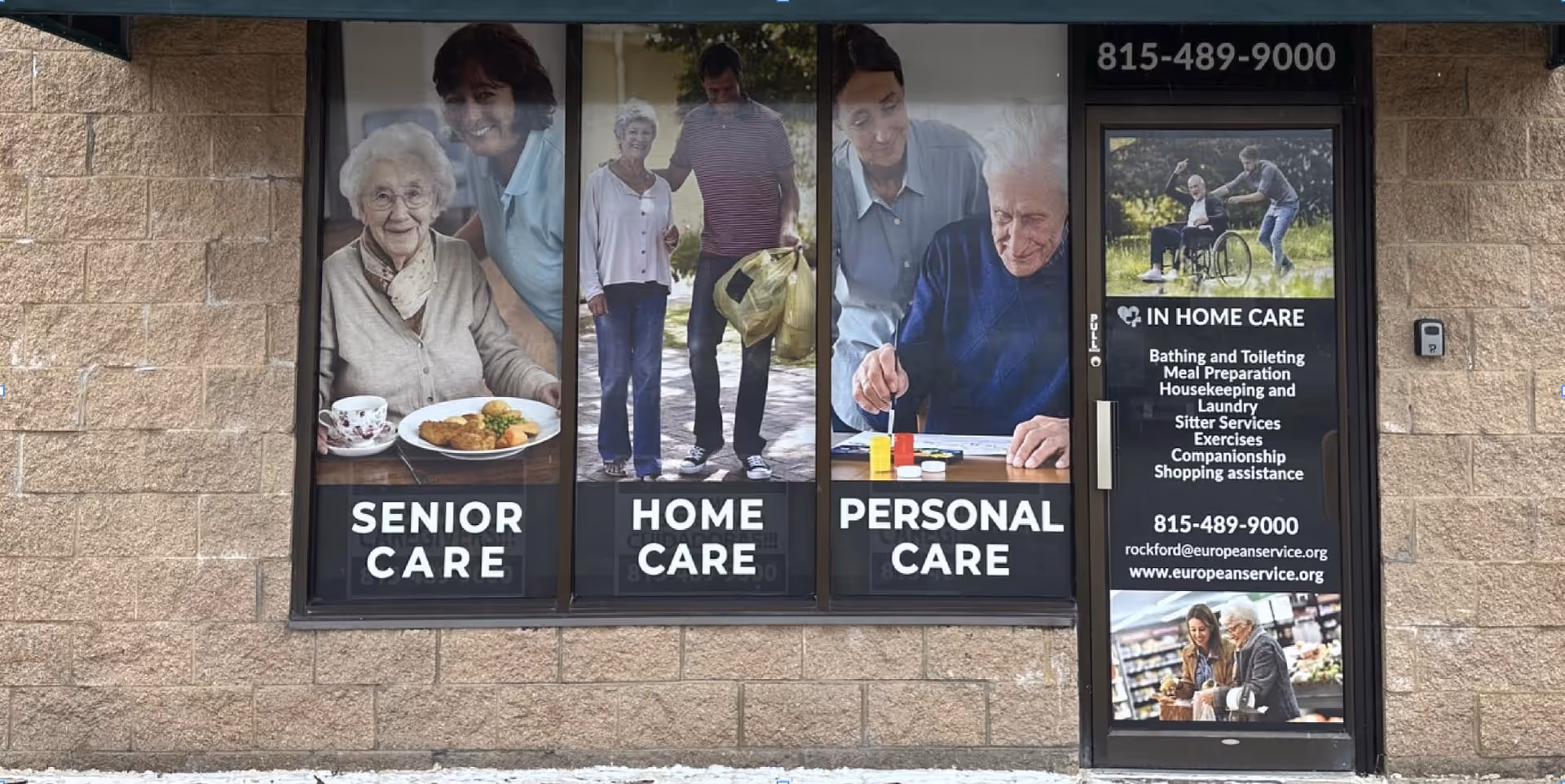 Front of European Service at Home building with large posters promoting senior and home care.