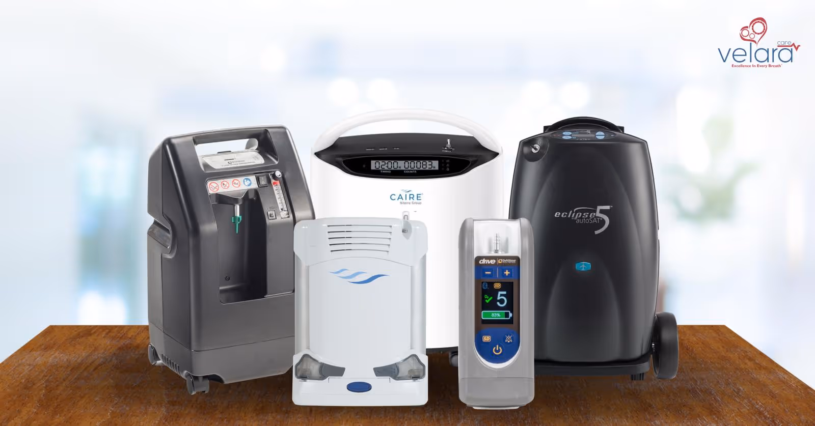 Four medical devices arranged on a wooden table with Velara Care branding in a bright interior.