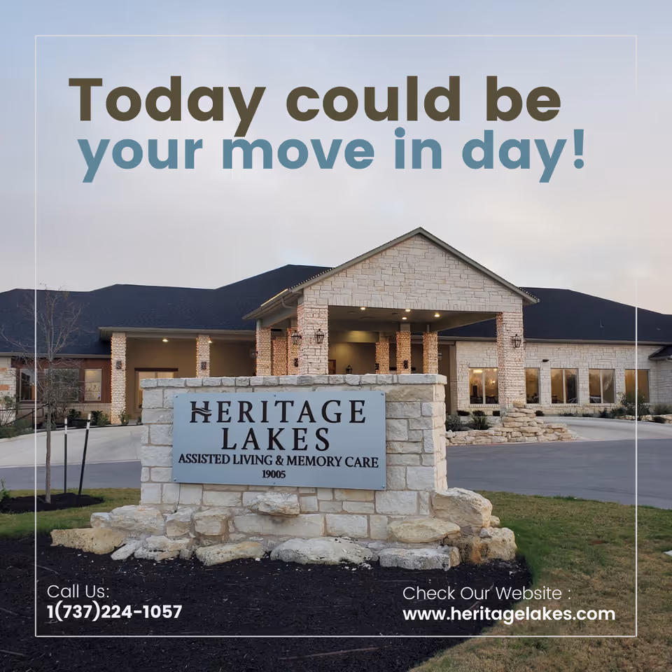 Exterior view of Heritage Lakes facility with promotional text overlay and stone sign.