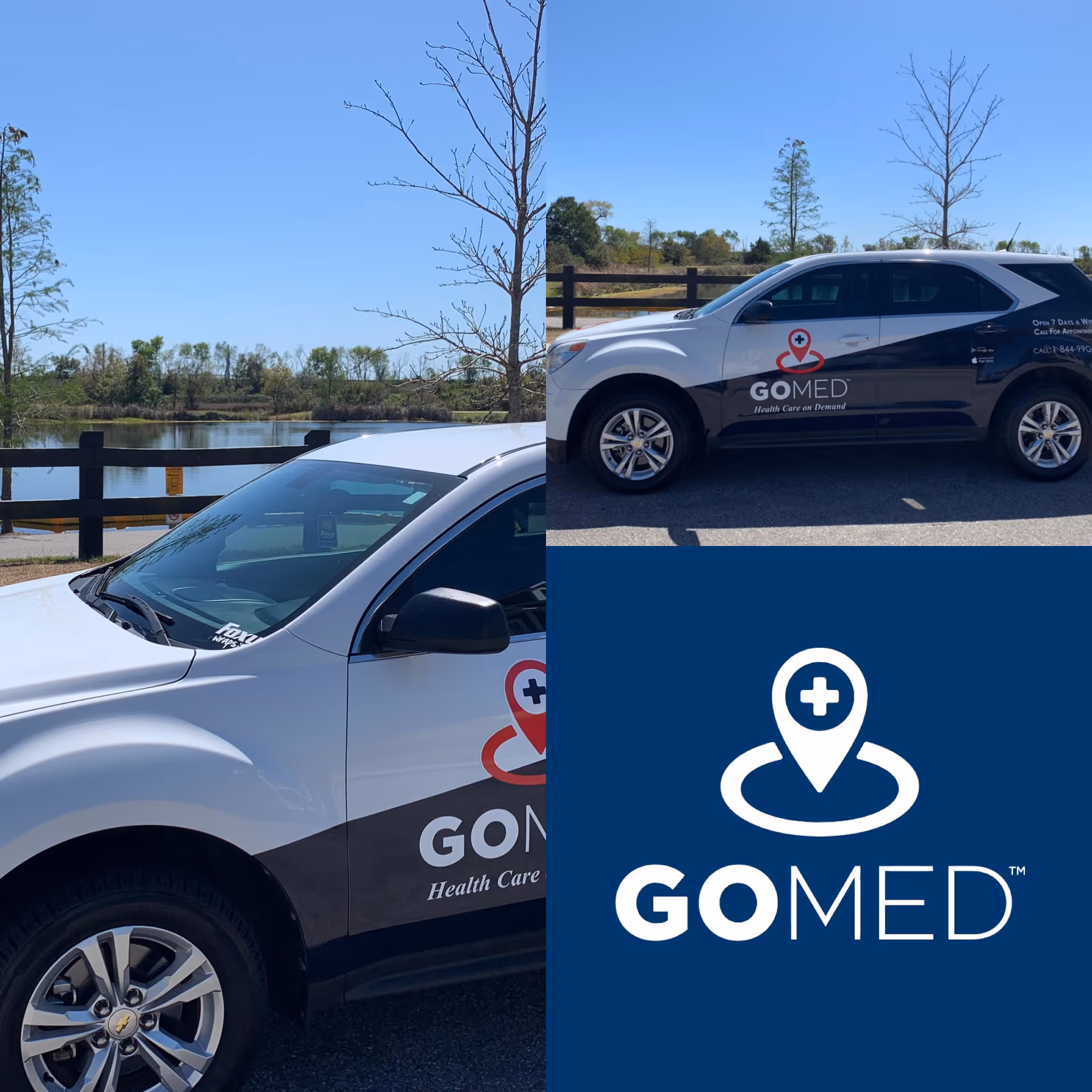 Two GOMED mobile urgent care vehicles parked outdoors by a lake.