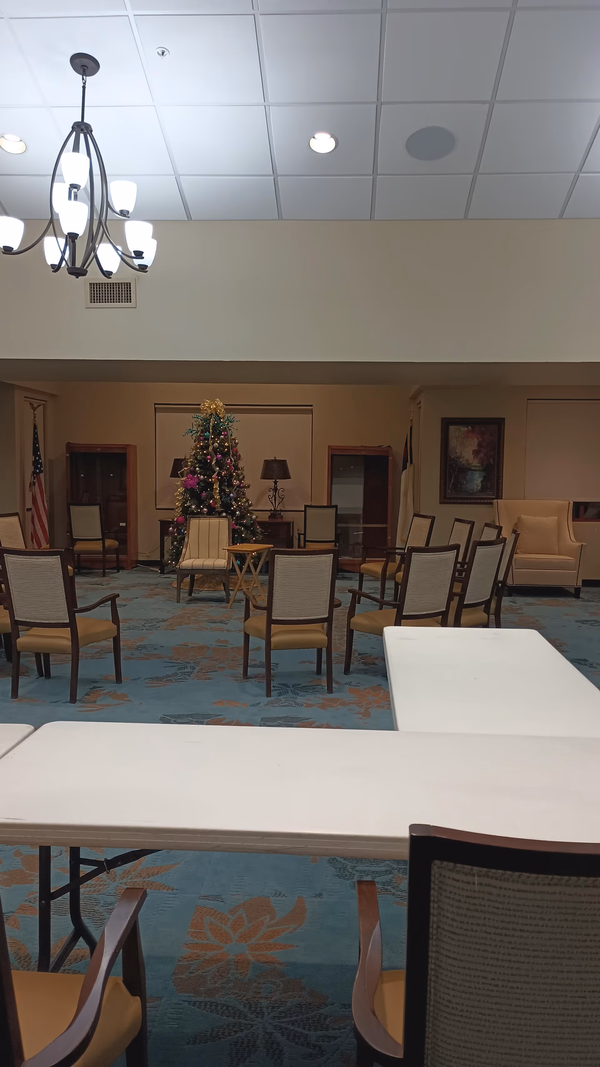 Senior living lounge with chairs arranged around a Christmas tree in a spacious common room.