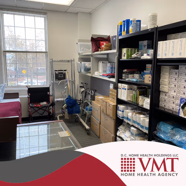 Medical supply storage room with shelves, wheelchairs, carts, and a large window.