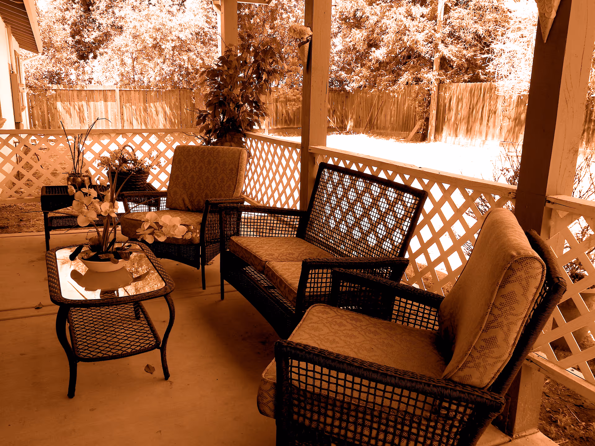 Covered outdoor patio with wicker seating, a glass coffee table, potted orchids.