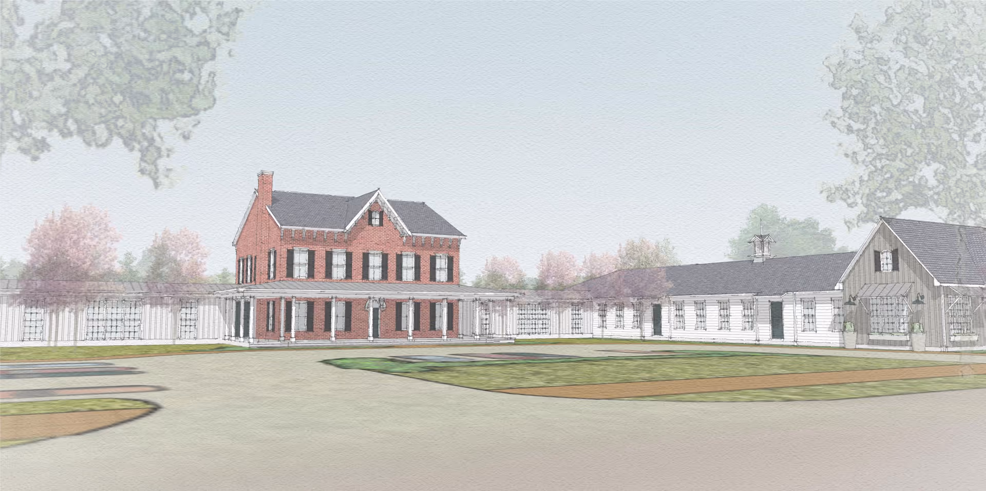 Watercolor-style rendering of the exterior showing a red-brick main house flanked by single-story white wings and landscaped grounds in front.