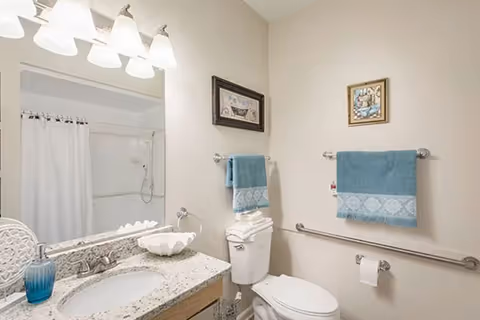 Senior living facility bathroom with sink, mirror, grab bars, blue towels, and a shower.