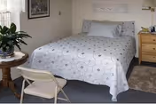 A bedroom in a senior apartment featuring a bed, plant, chair, dresser, and artwork.