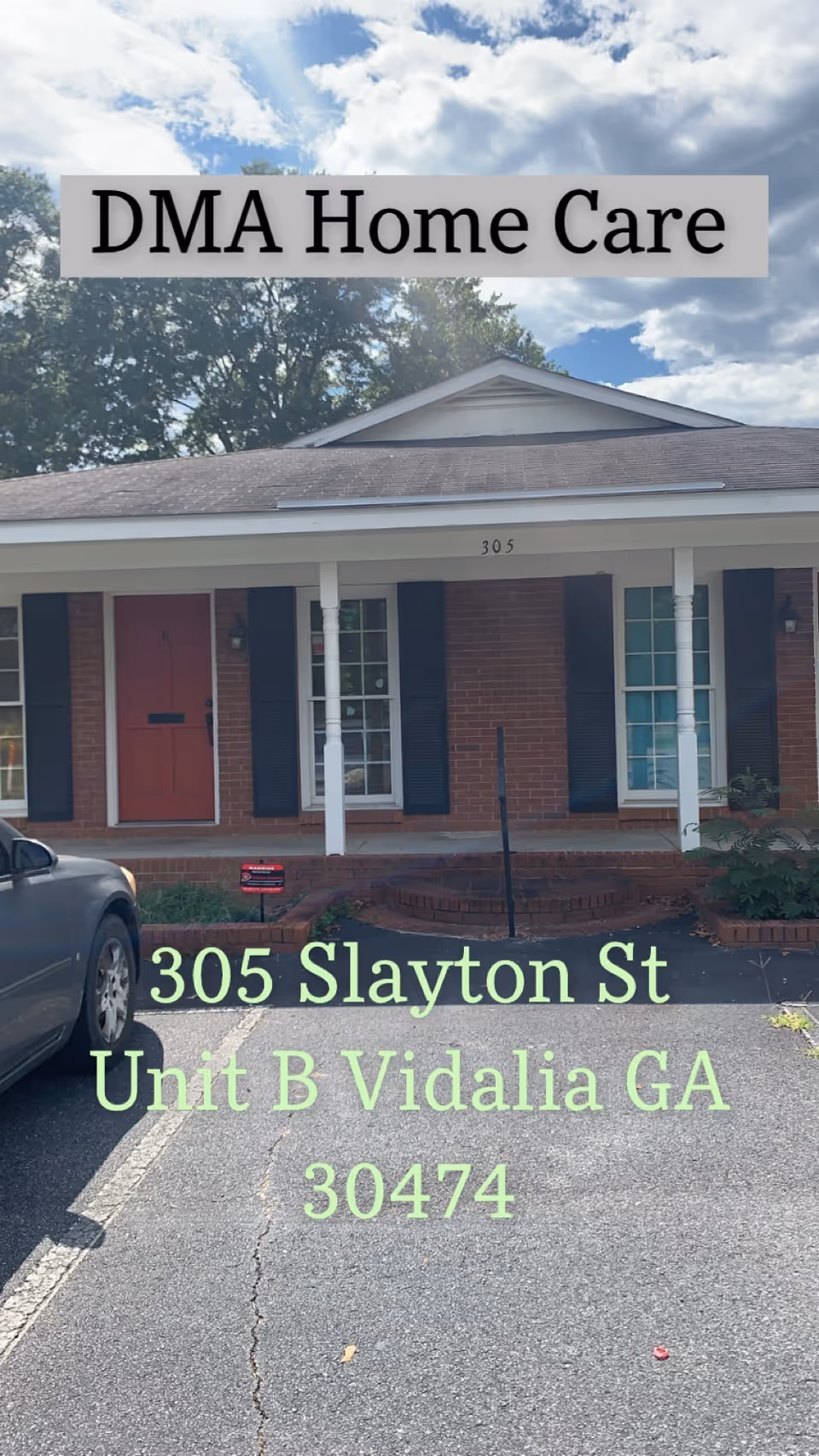 Brick, single-story building with a front porch and columns, branded DMA Home Care.