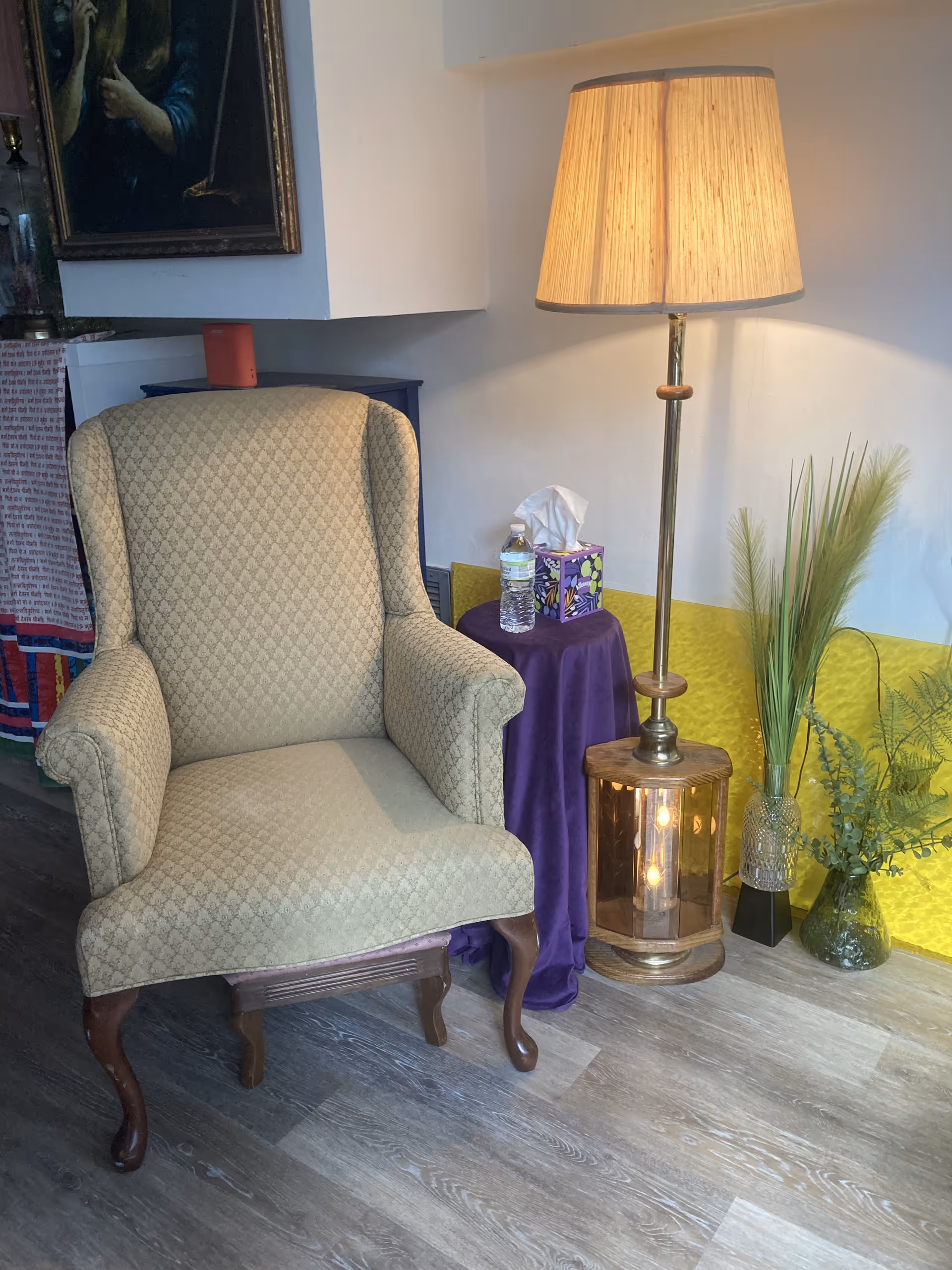 Cozy living-room corner with an upholstered armchair, lamp, tissue box, and plants.
