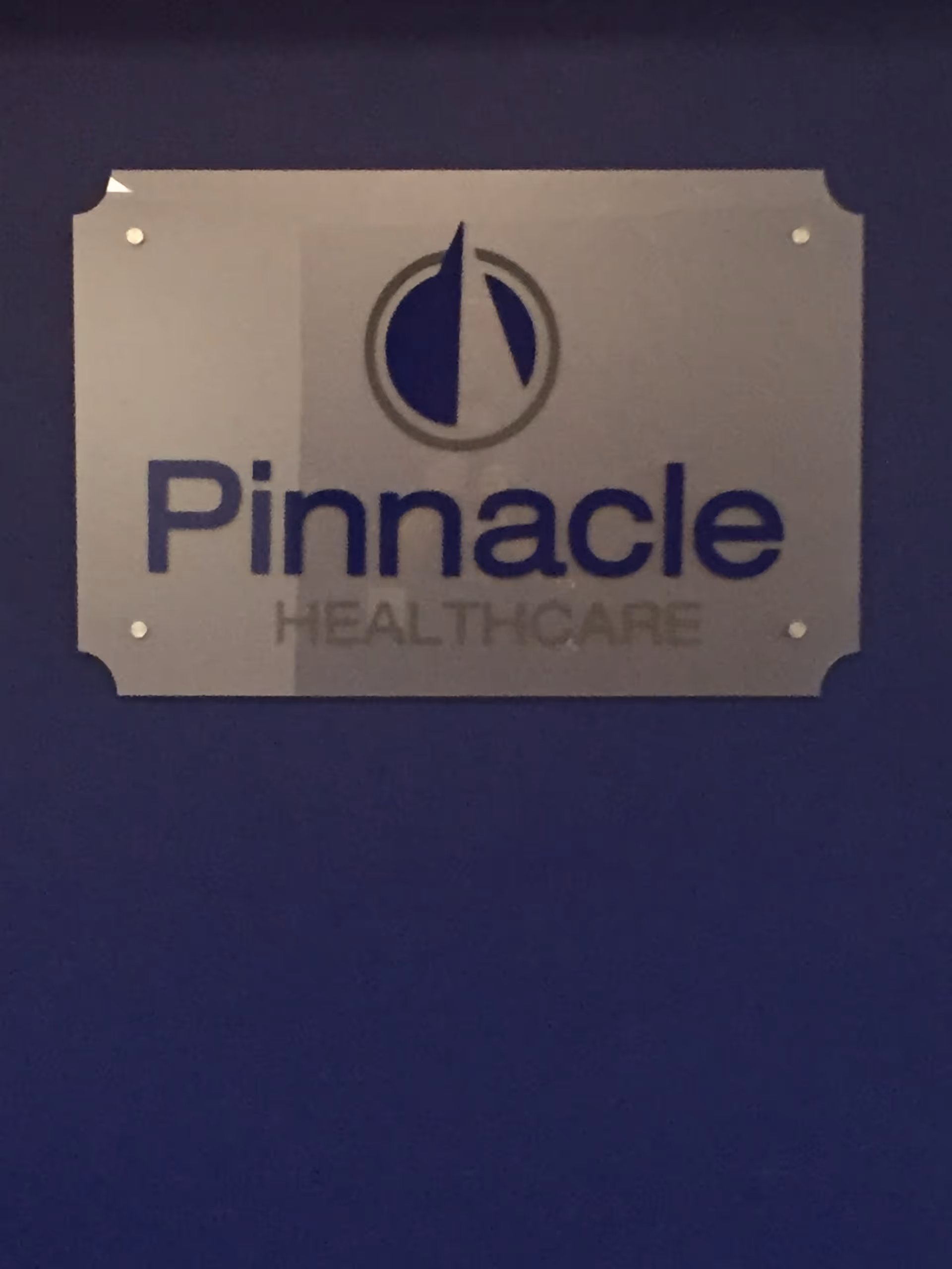 Metal plaque on deep blue wall displaying Pinnacle Healthcare logo and name.