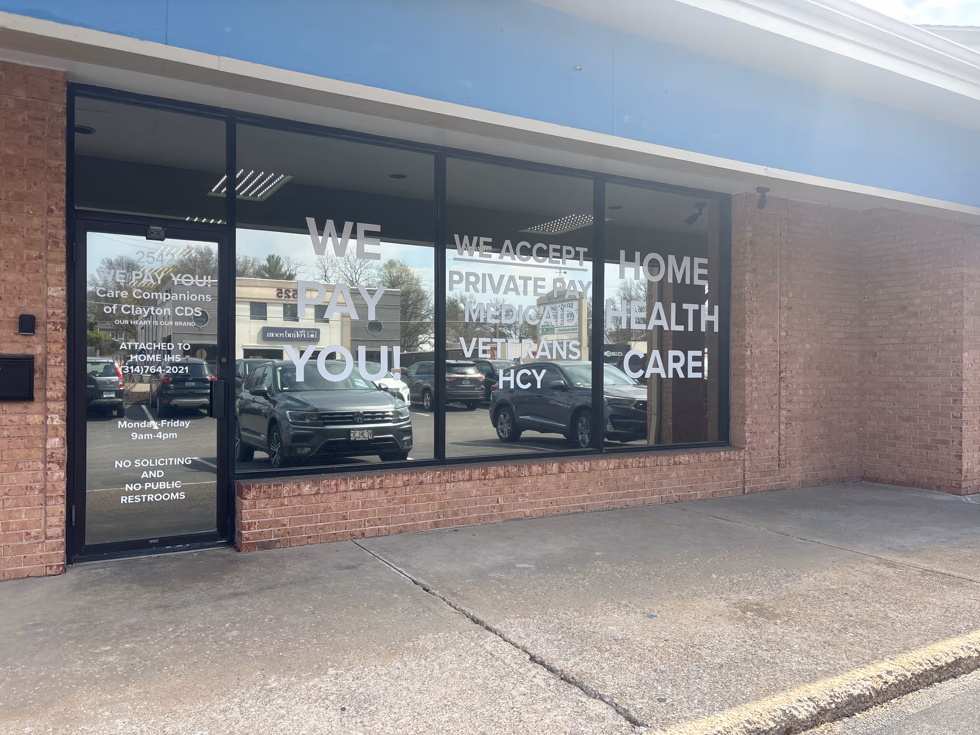 Care Companions storefront with large glass windows and signage.