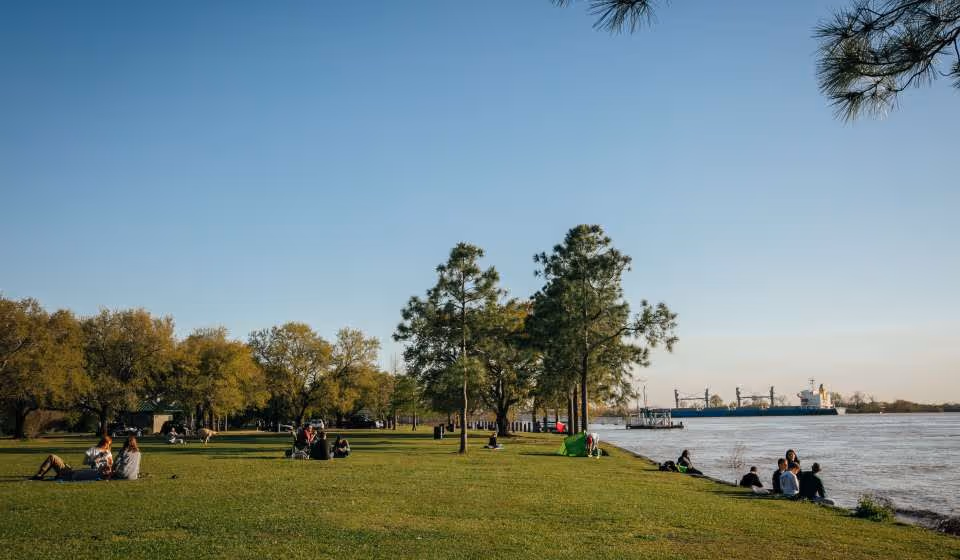 Lakeside park with people lounging on the grassy shore near trees.