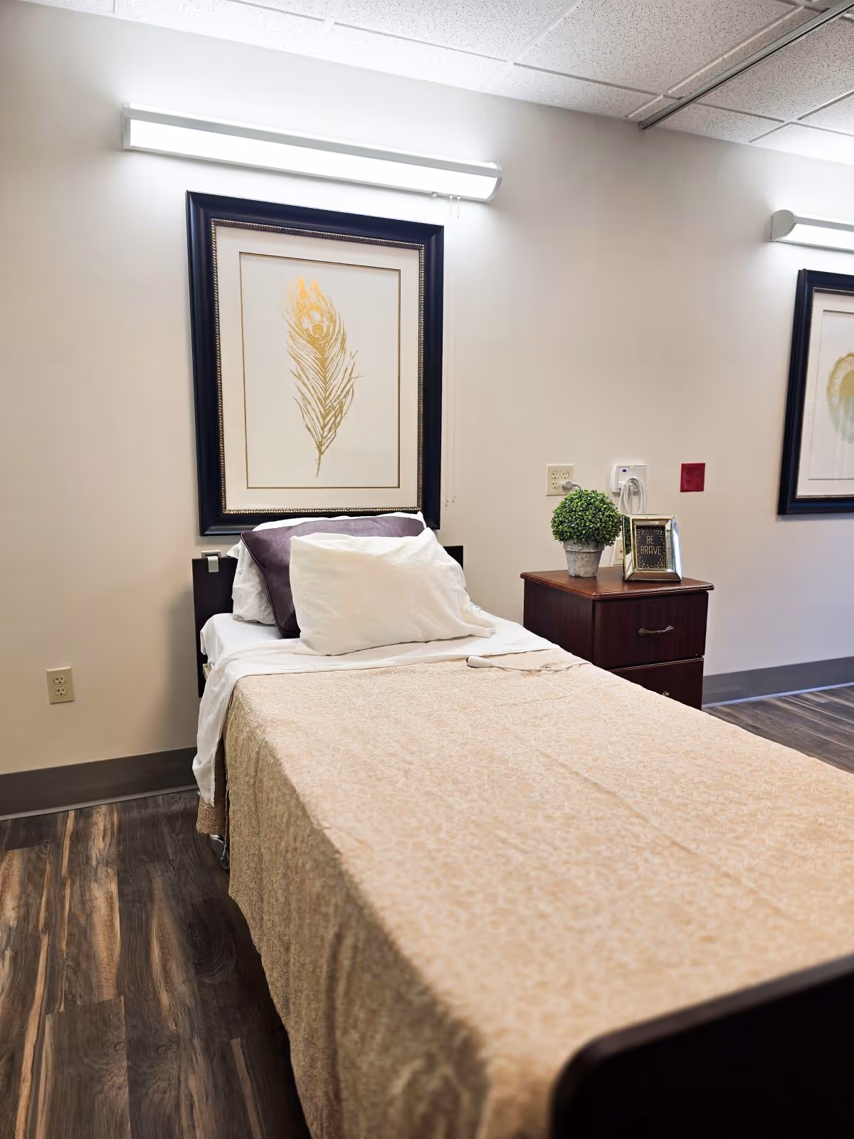 A furnished assisted living bedroom with a bed, nightstand, plant, and framed art.