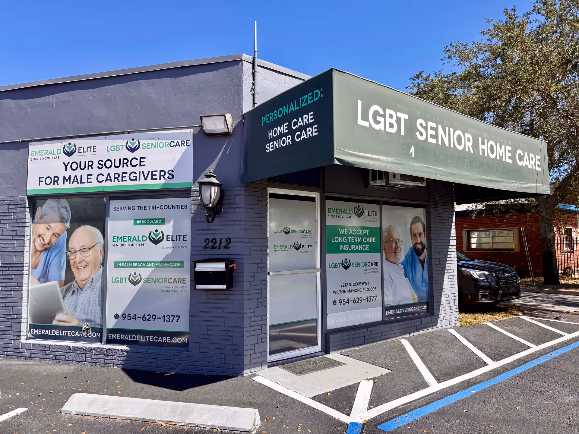 Exterior of Emerald Senior Care storefront with LGBT Senior Home Care signage.